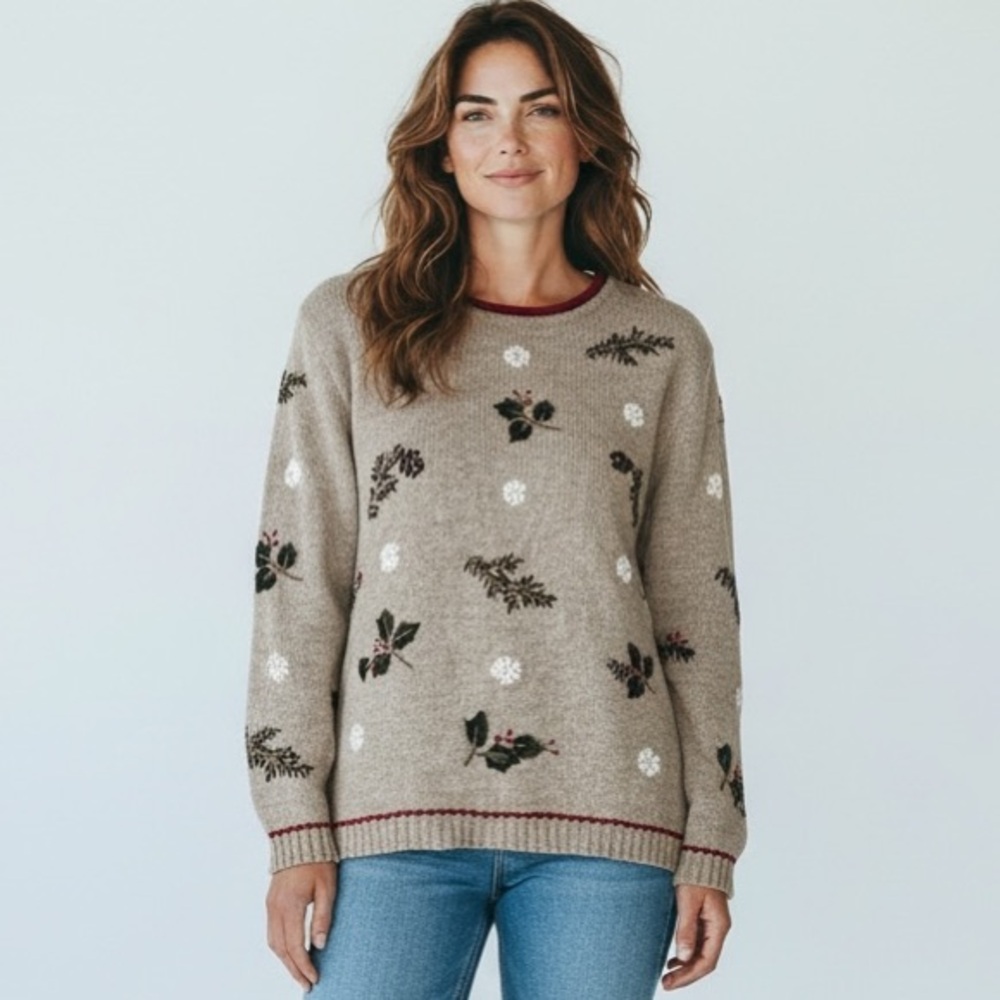 Vintage Christopher & Banks Hand Embroidered Beige Holiday Sweater